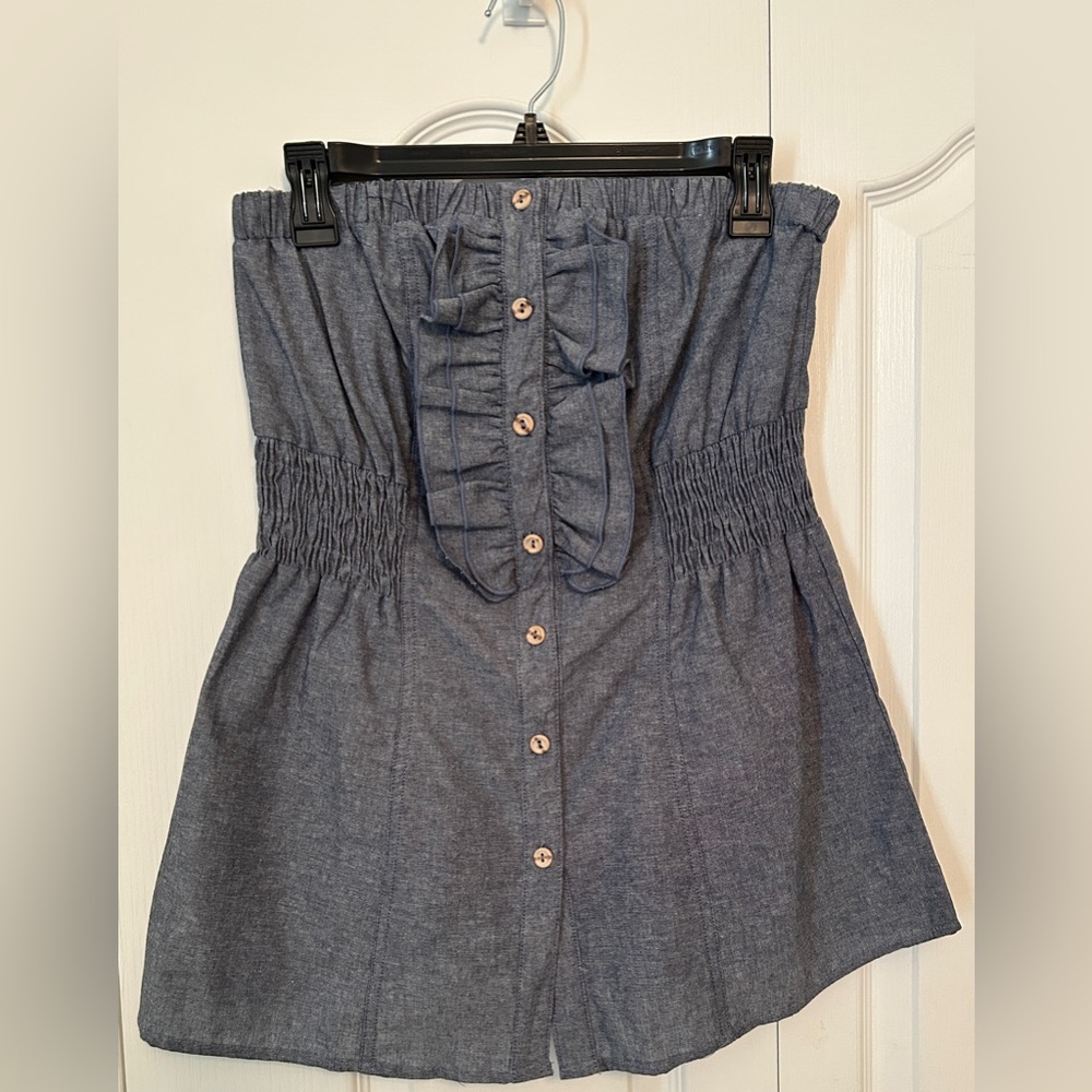 Mixxed26: Strapless, ruffle and button front, elastic waist, denim top. Size M